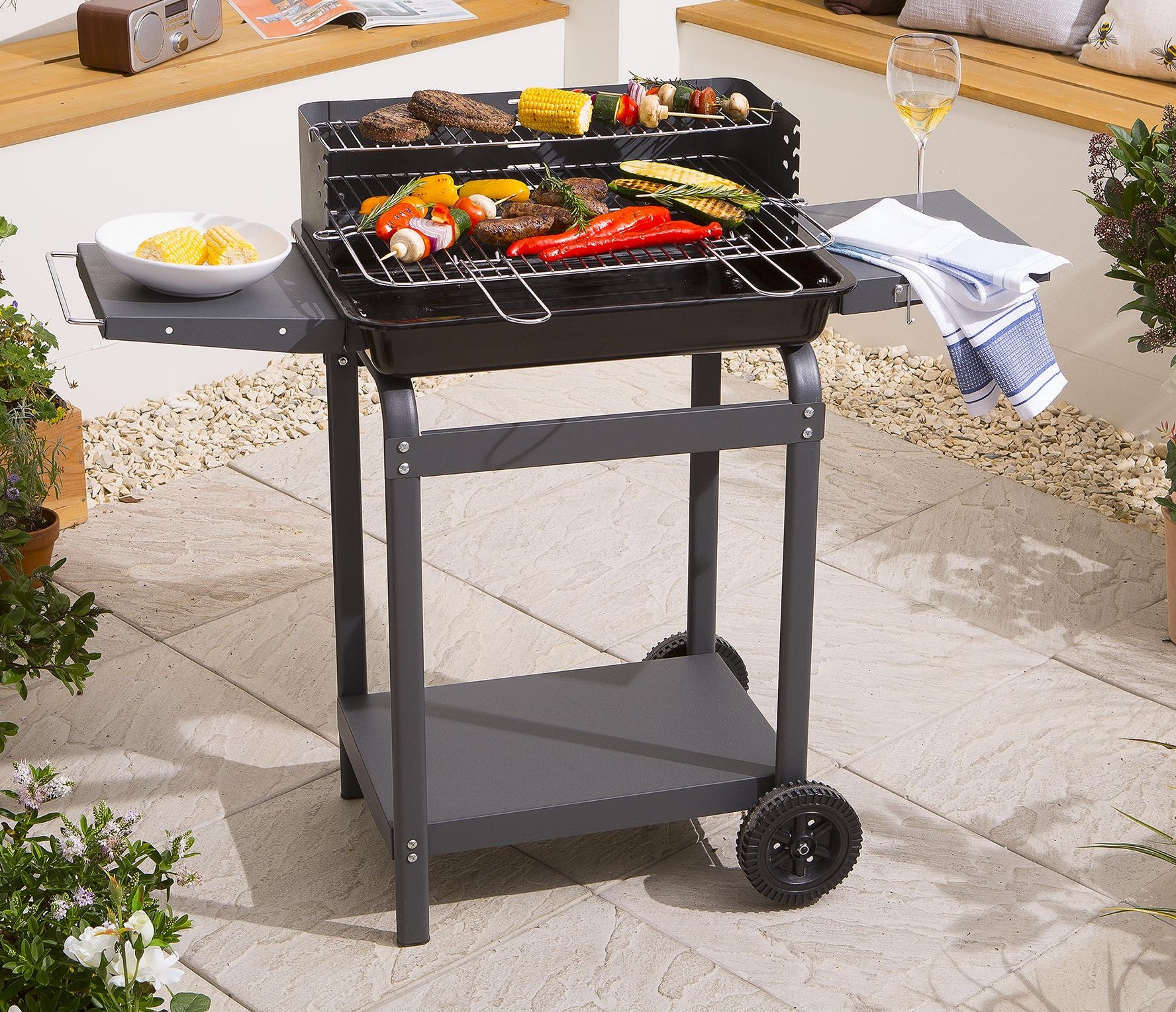 NEW Tesco Rectuangular Charcoal Barbecue Trolley BBQ with 2 Side